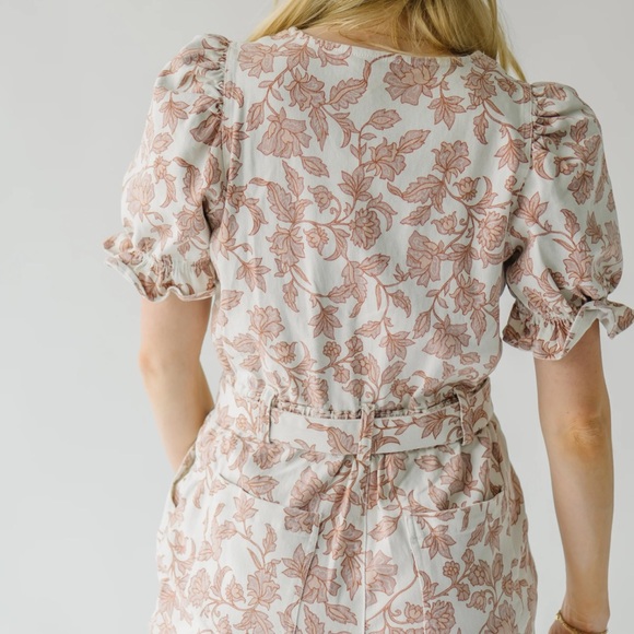 The Roxand Puff Sleeve Jumpsuit in Ivory + Pink - Picture 3 of 5